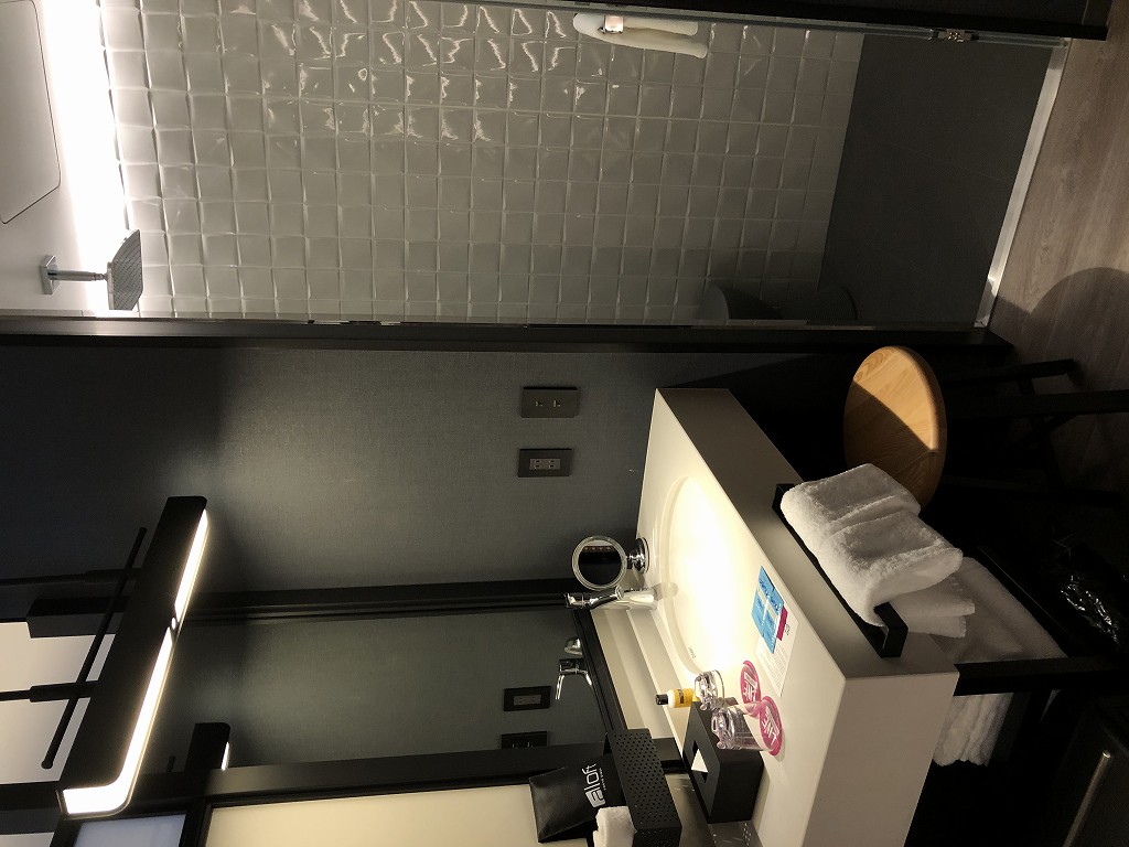 アロフト東京銀座のサヴィーキングの洗面台とシャワールーム
