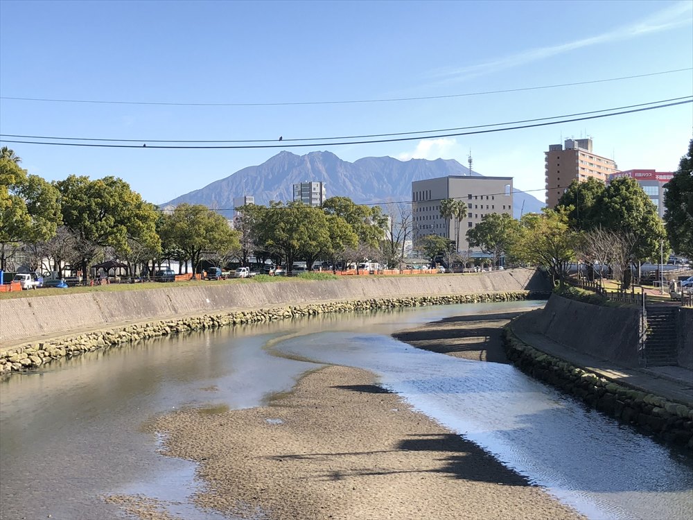 甲突川の高麗橋から桜島