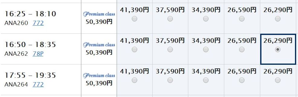 福岡-羽田（ANA262便）の料金