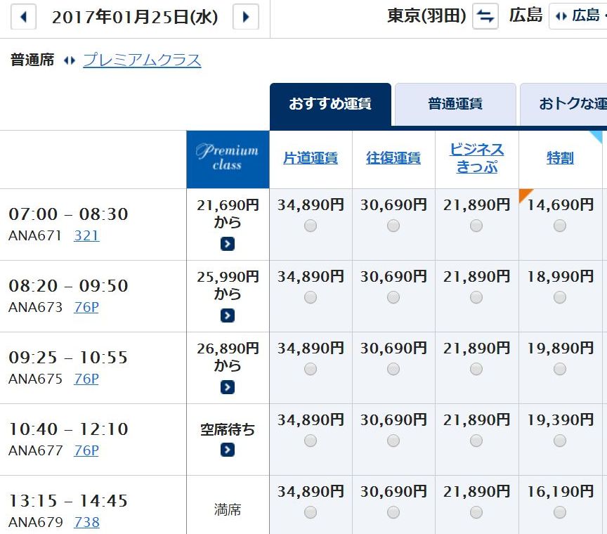 羽田-広島（ANA675便）の料金