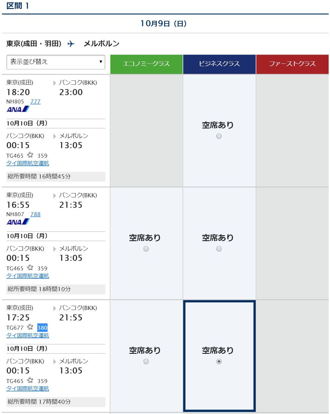 ANAマイルを利用したメルボルン特典航空券（往路）