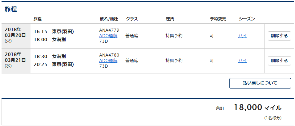 羽田-女満別の特典航空券に必要なマイル数