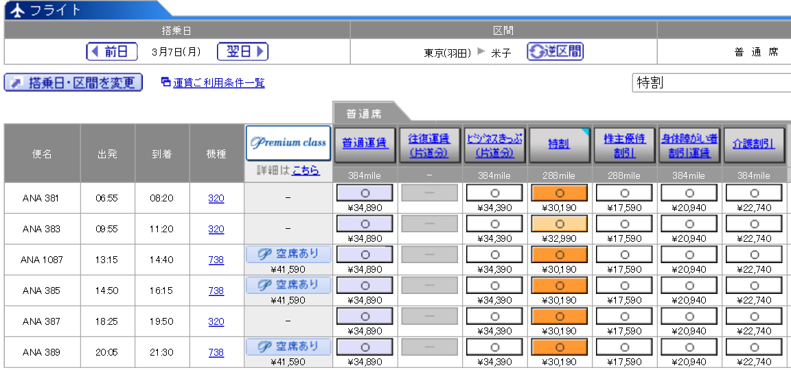 羽田-米子（ANA383便）の料金