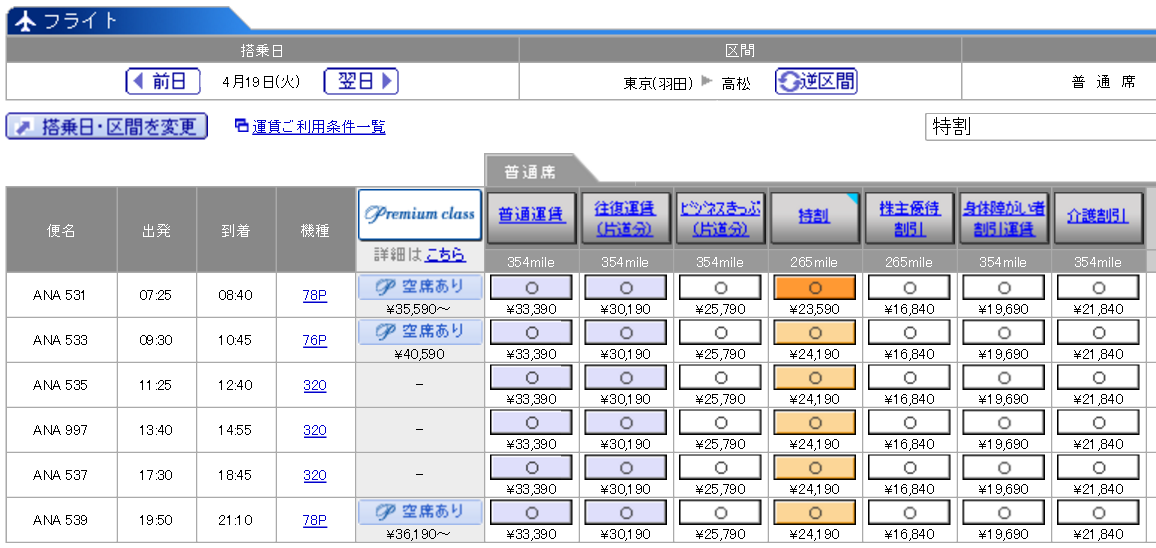 羽田-高松（ANA533便）の料金