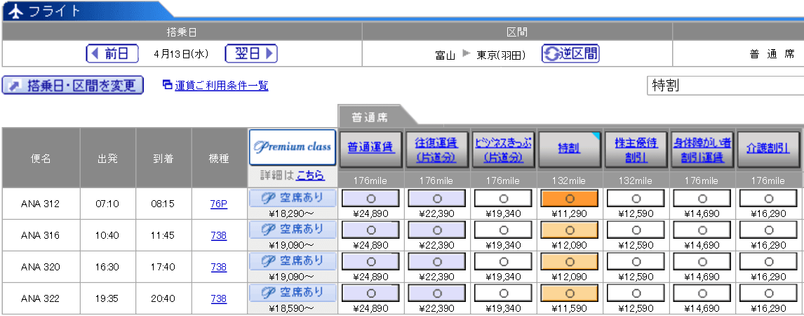 富山-羽田（ANA322便）の料金