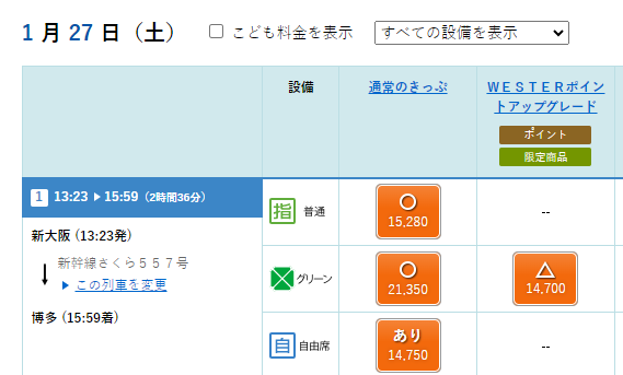 WESTERポイントで新大阪-博多のグリーン車にアップグレードする
