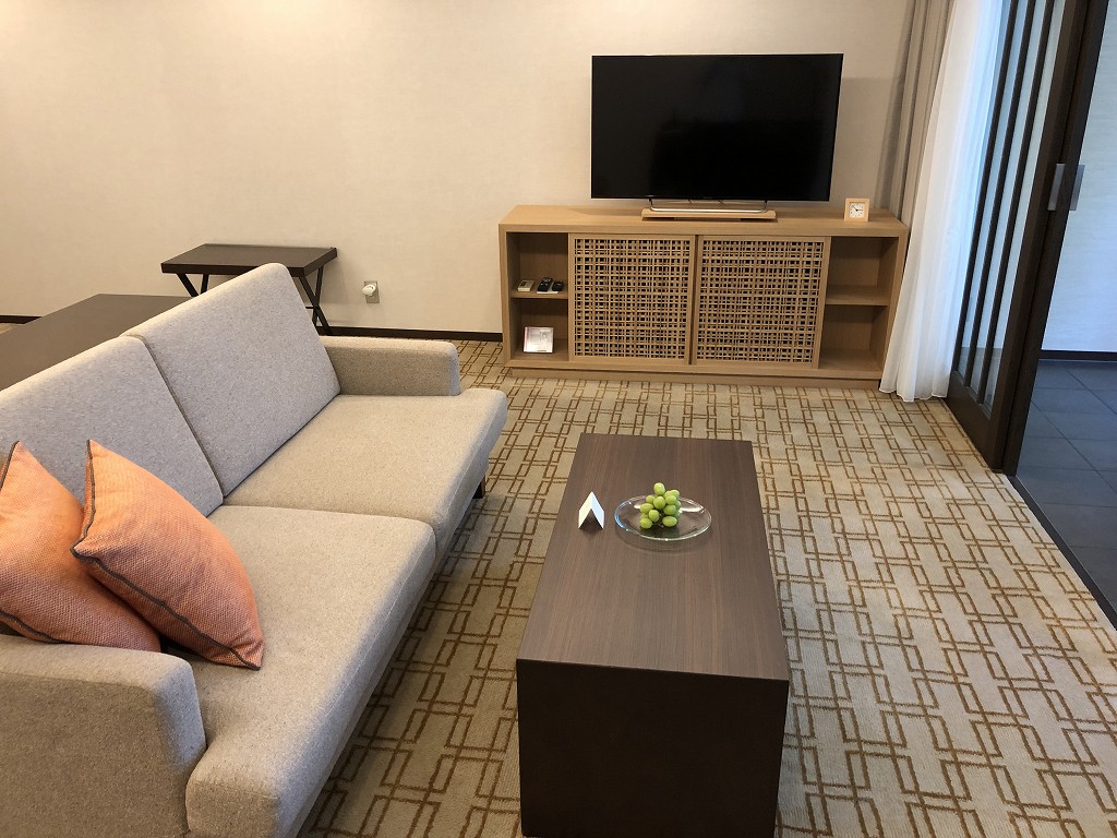 ハイアットリージェンシー箱根リゾート＆スパのデラックスツインルームのソファとテレビ1