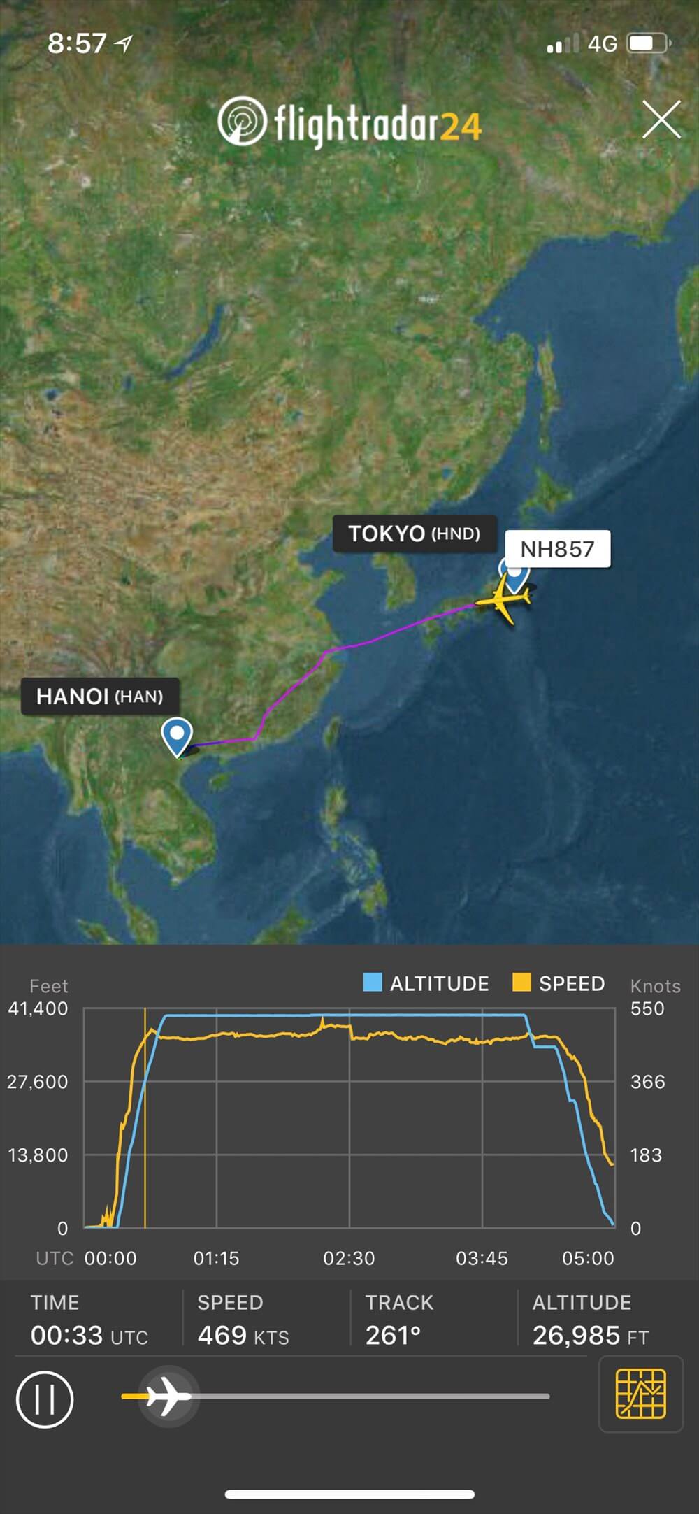 ANA857便（羽田-ハノイ）飛行ルート