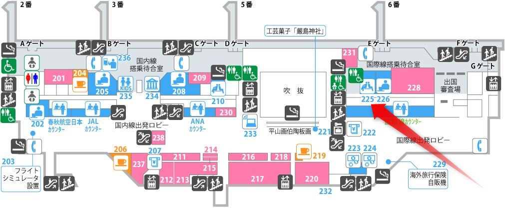 広島空港の有料待合室Bの場所