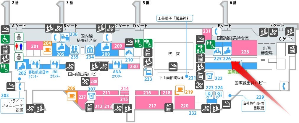 広島空港のLOUNGE「Maple」の場所