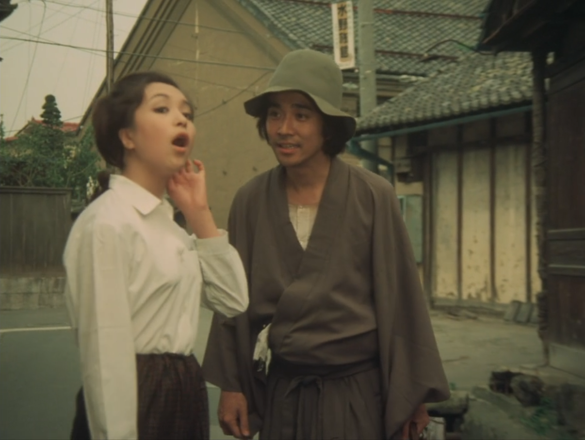 『犬神家の一族』の冒頭の金田一耕助(石坂浩二)と那須ホテルの女中はる(坂口良子)が出会うシーン2