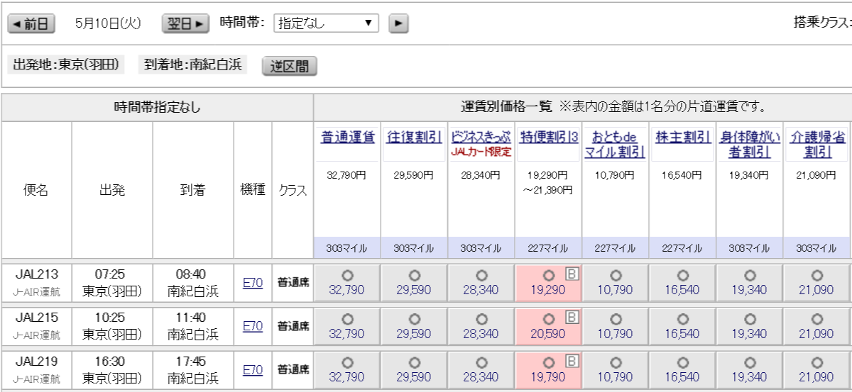JAL215便（羽田-南紀白浜）の運賃
