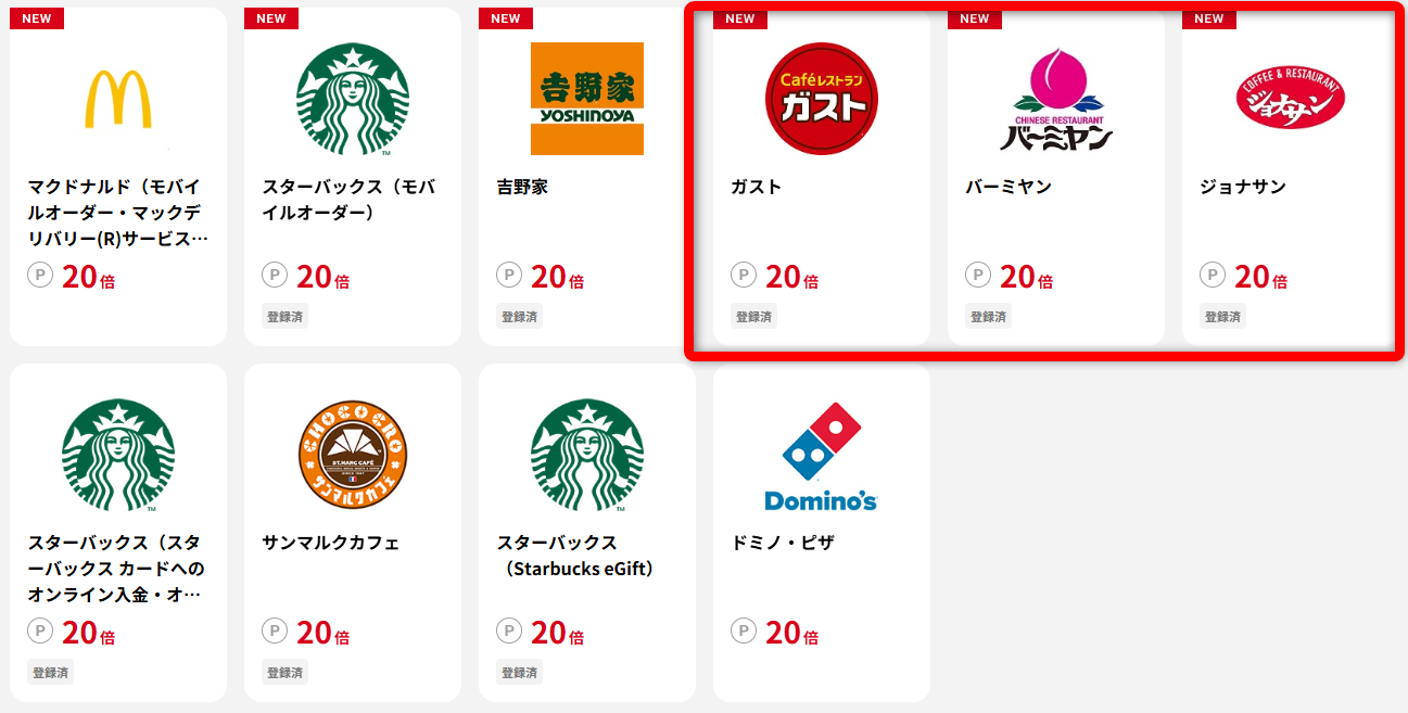 ガスト、バーミヤン、ジョナサンをJ-POINTパートナーに登録する