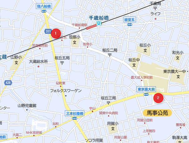 環八と世田谷通りを含む地図