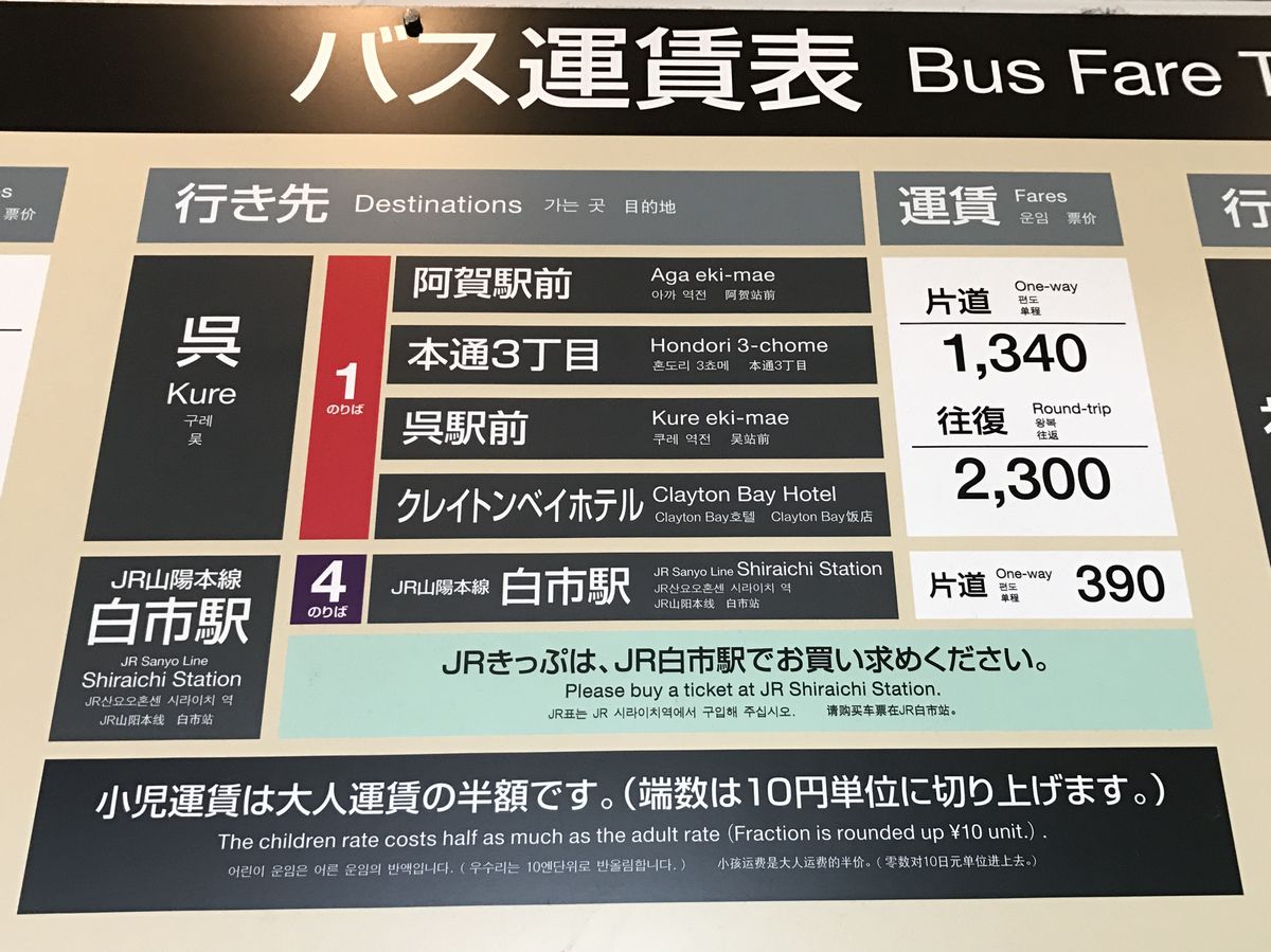 広島空港から呉市内へのバス運賃