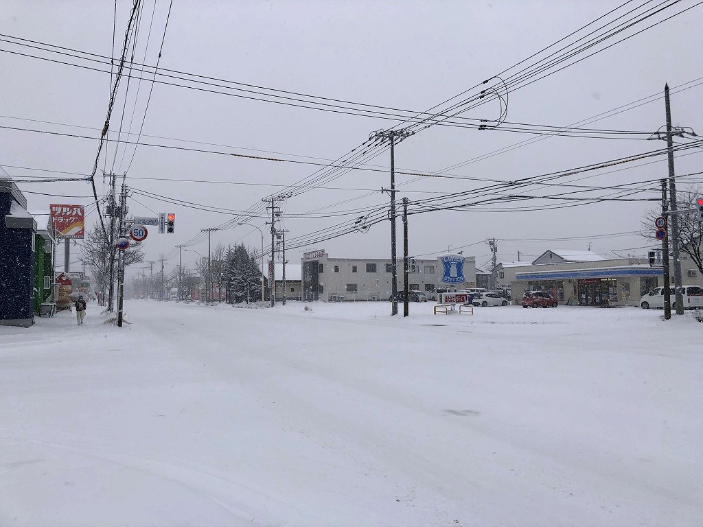 雪で車道と歩道の見分けがつかない