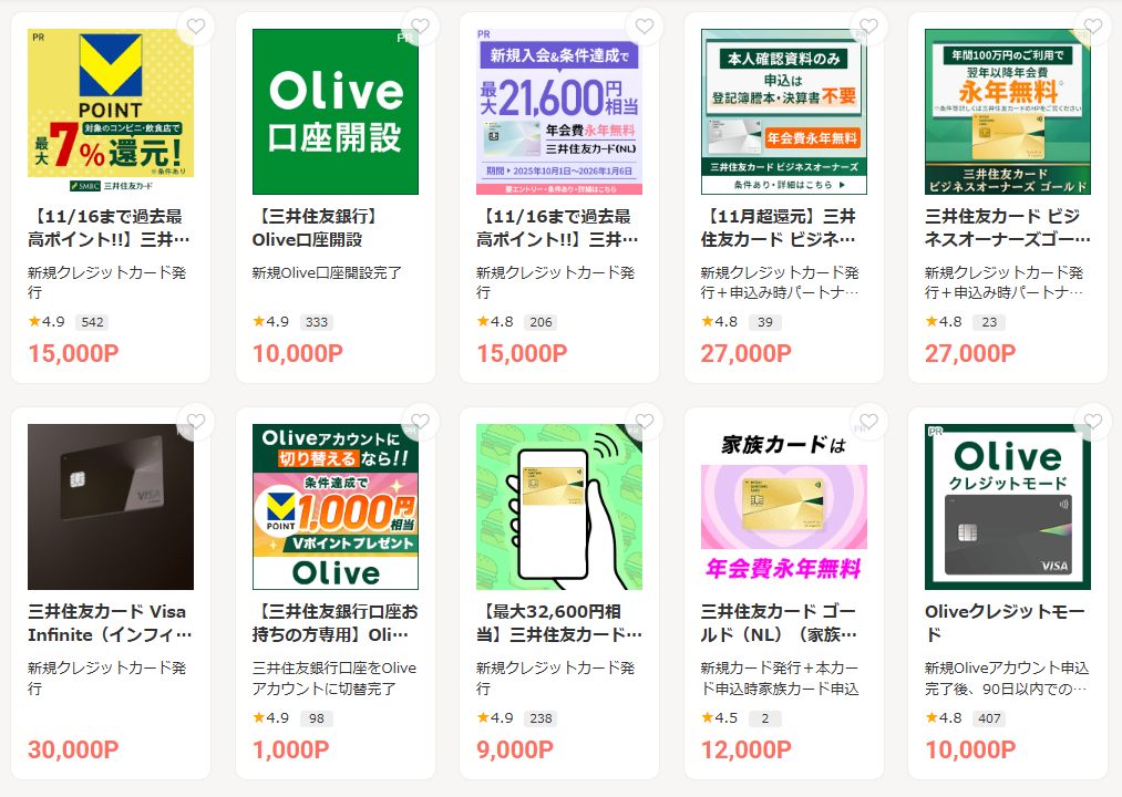 モッピーの三井住友カードの報酬例