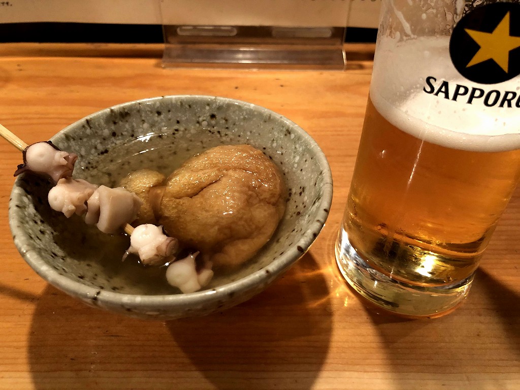 盛岡の「おでんと魚串の店 飛魚」で餅巾着とタコ