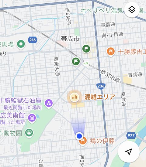 帯広市街地の碁盤目状の地図