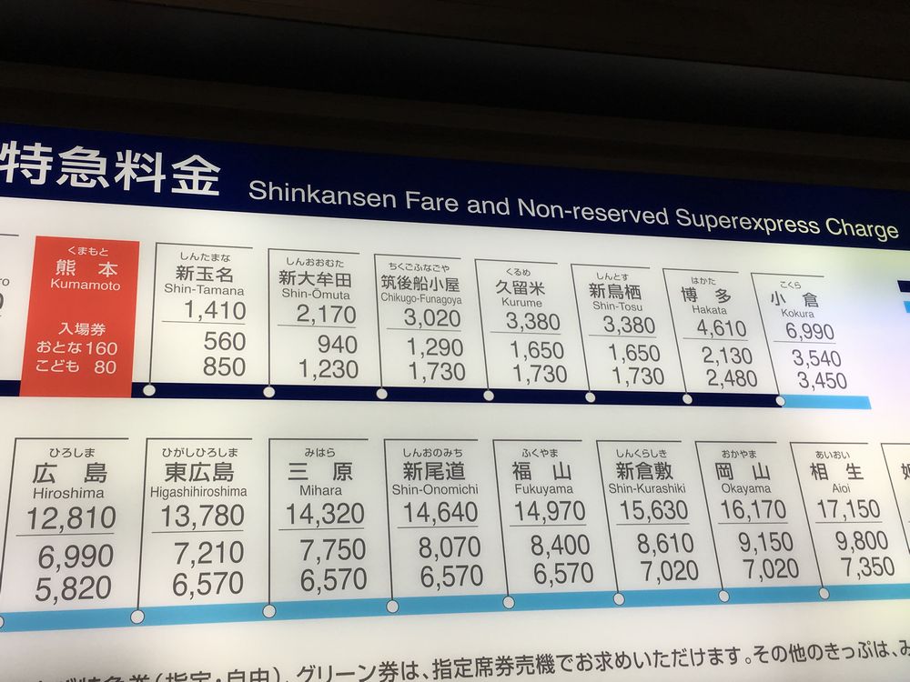 熊本から博多までの料金表