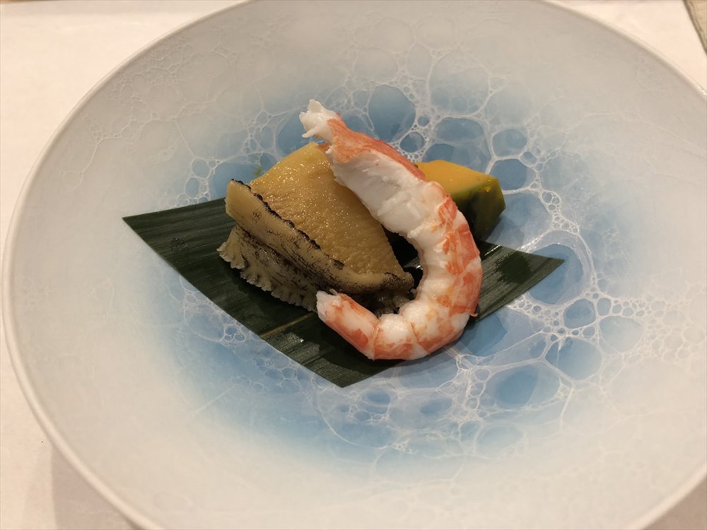 札幌の鮨 西光のアワビ、かぼちゃ、シマエビ