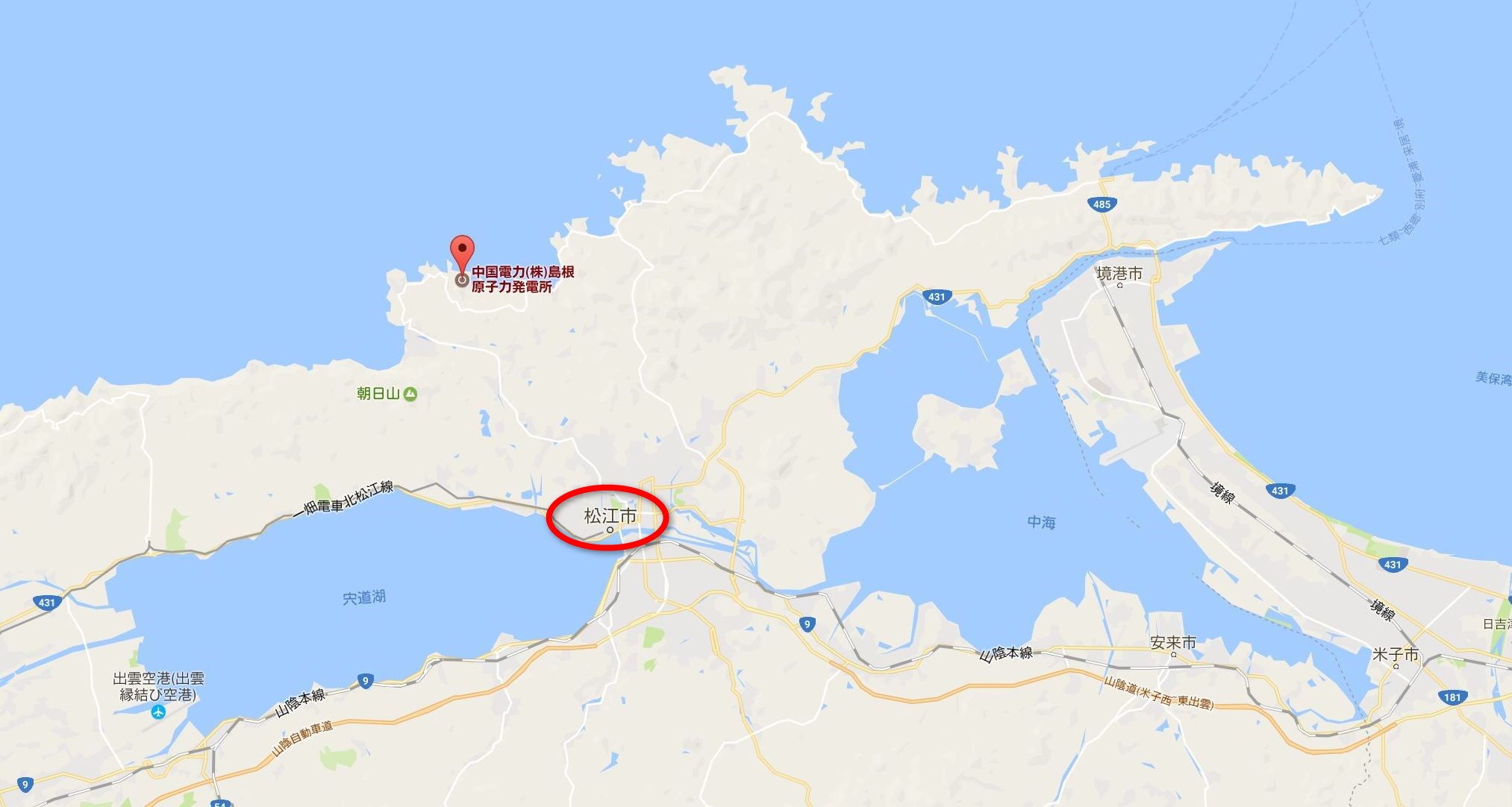 松江市と島根原発の位置関係