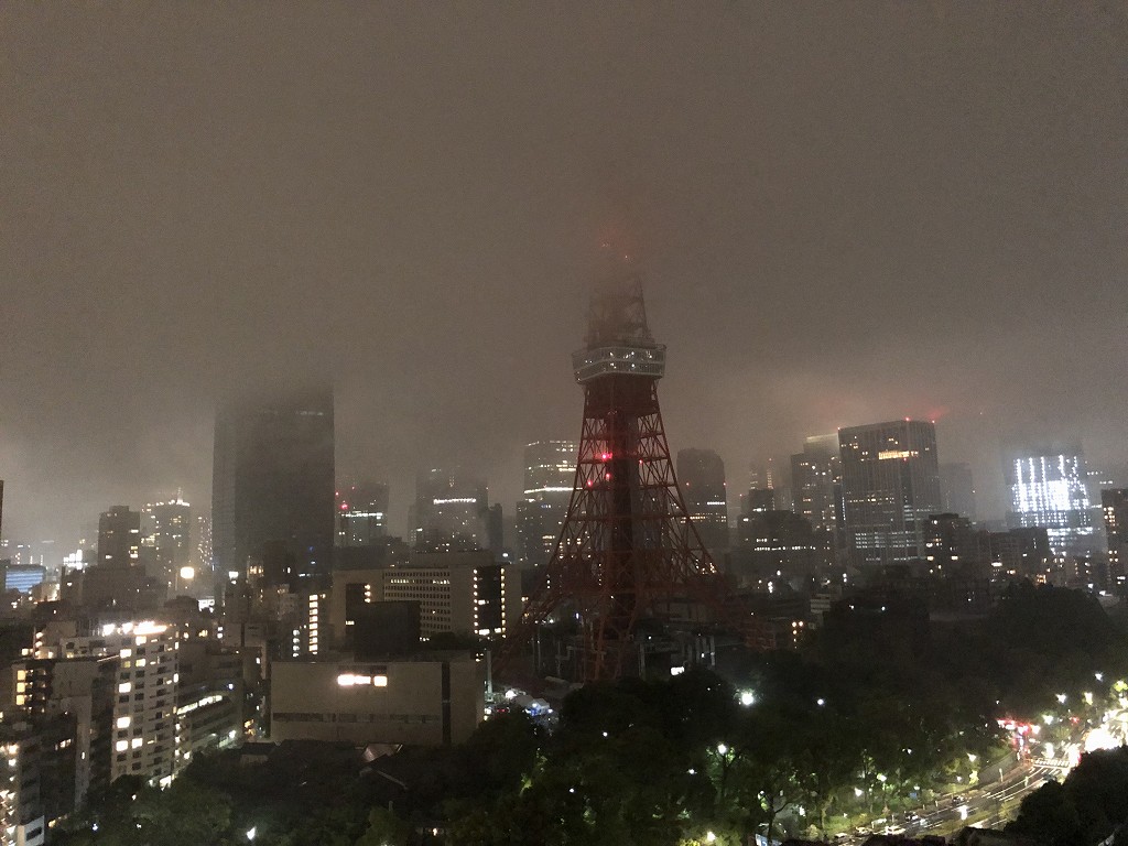 ザ・プリンスパークタワー東京のパノラミックキングルーム バルコニー付き（東京タワー側）から霧のかかった東京タワー5