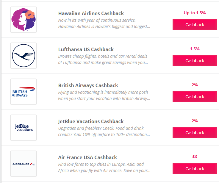 TopCashback経由での航空会社航空券のキャッシュバック率