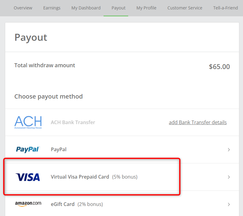 TopCashbackの報酬をVirtual Visa Prepaid Cardに送金する