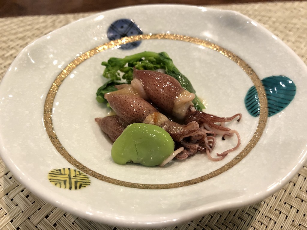 豊田市の割烹 なり田のホタルイカ、そらまめ、菜の花