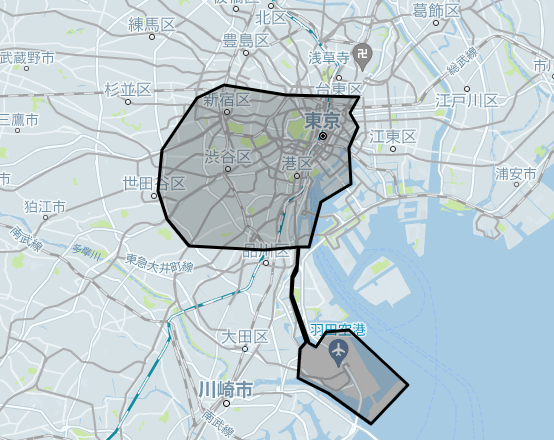 Uber Taxiの東京対応エリア