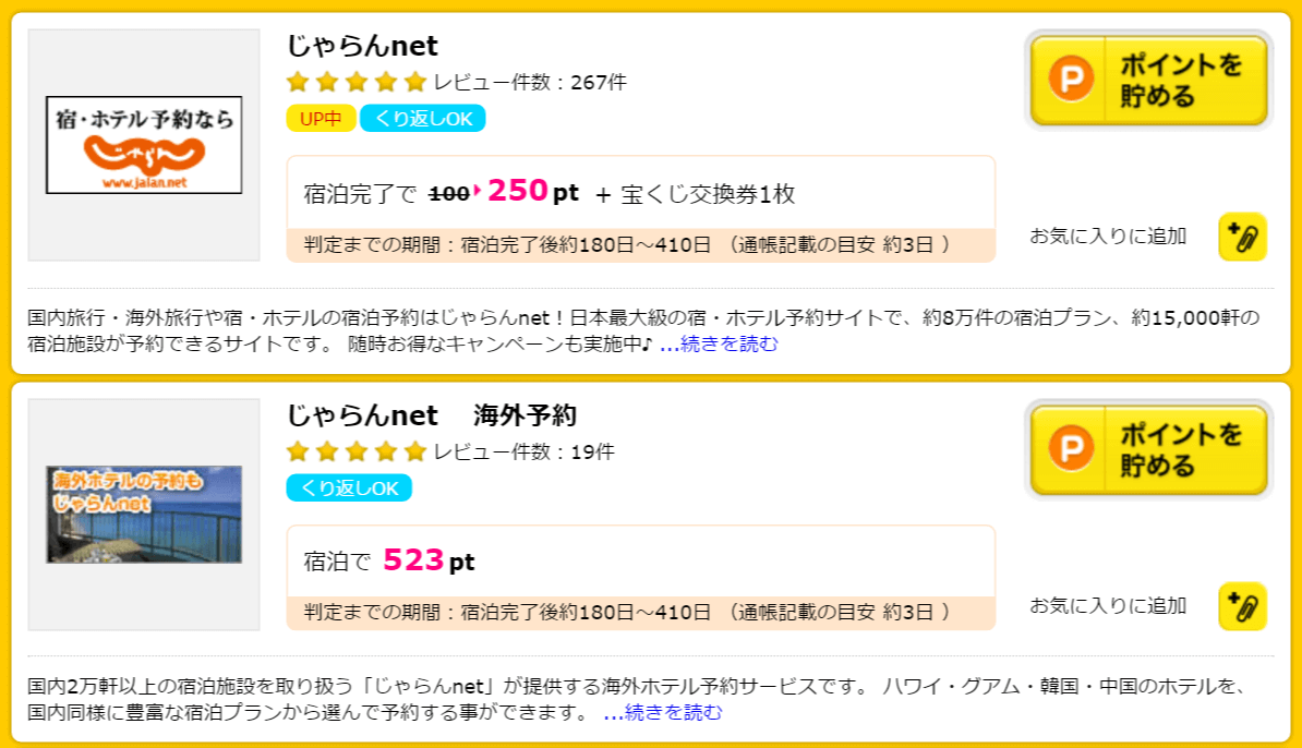 ハピタス経由のじゃらんのポイント数