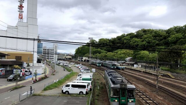 徳島城の城山をバックに入る牟岐線のディーゼル車